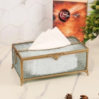 Gleaming Crackle Glass Tissue Box with Antique Brass