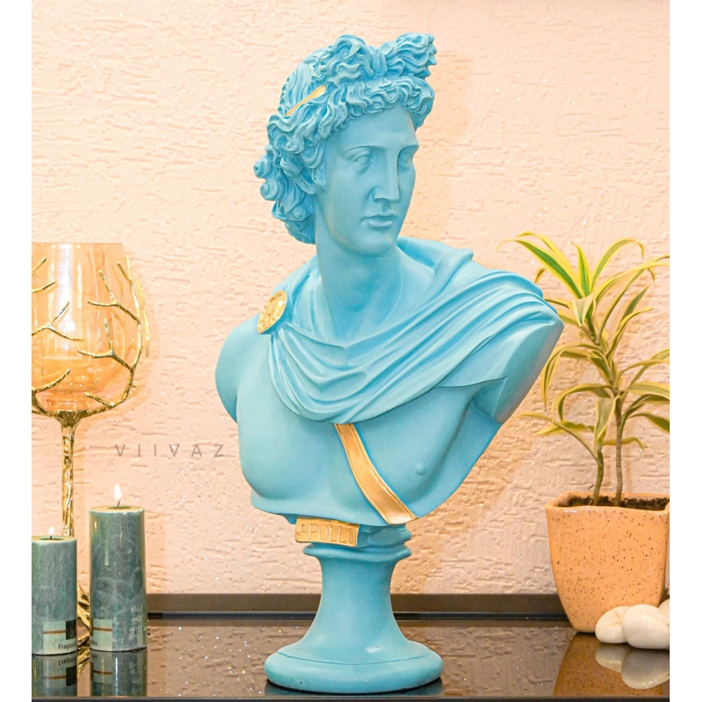 Greek Apollo Bust Sculpture Ocean Blue